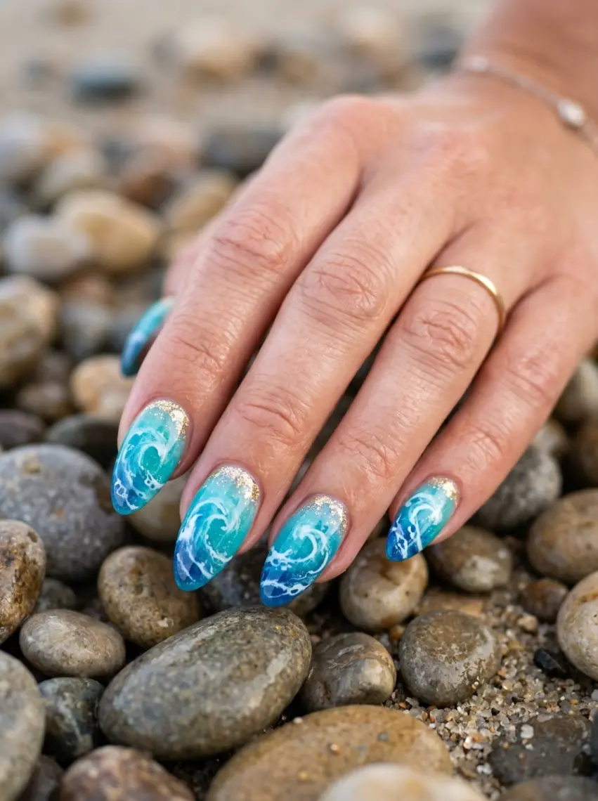 Sophisticated ocean wave nail art with blue swirls and gold foil.