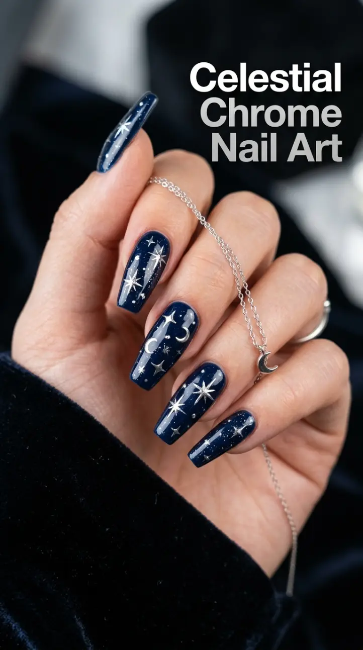 Midnight blue metallic chrome nails with starry celestial accents.