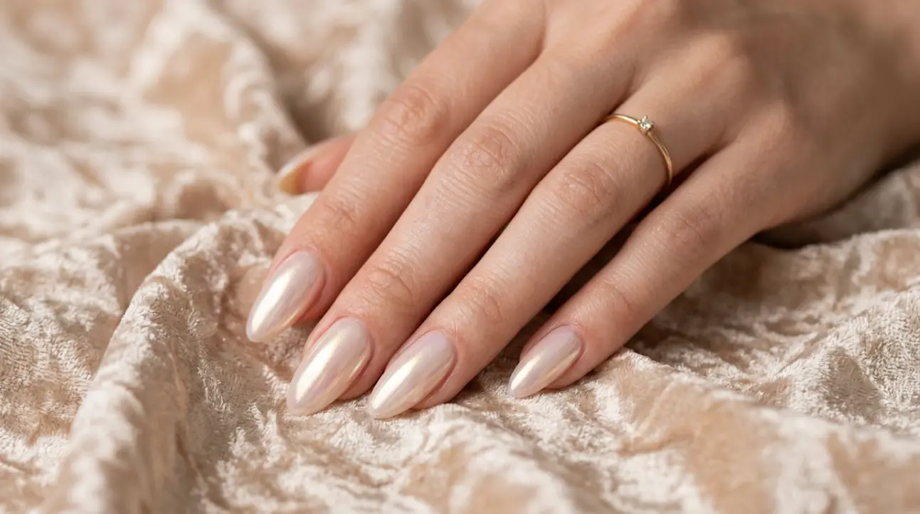 Close-up of a high-gloss, pearlescent glazed donut chrome manicure on almond-shaped nails, representing the chrome nail trend.