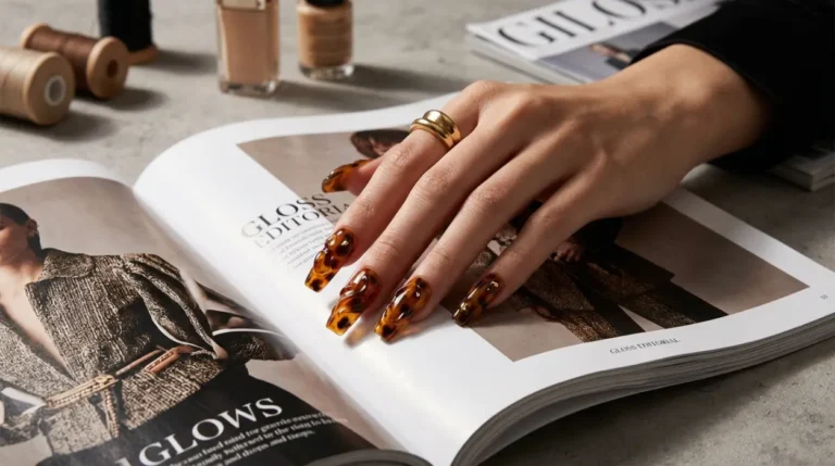 Close-up of long coffin nails featuring intricate 3D clear gel art and modern tortoiseshell patterns.