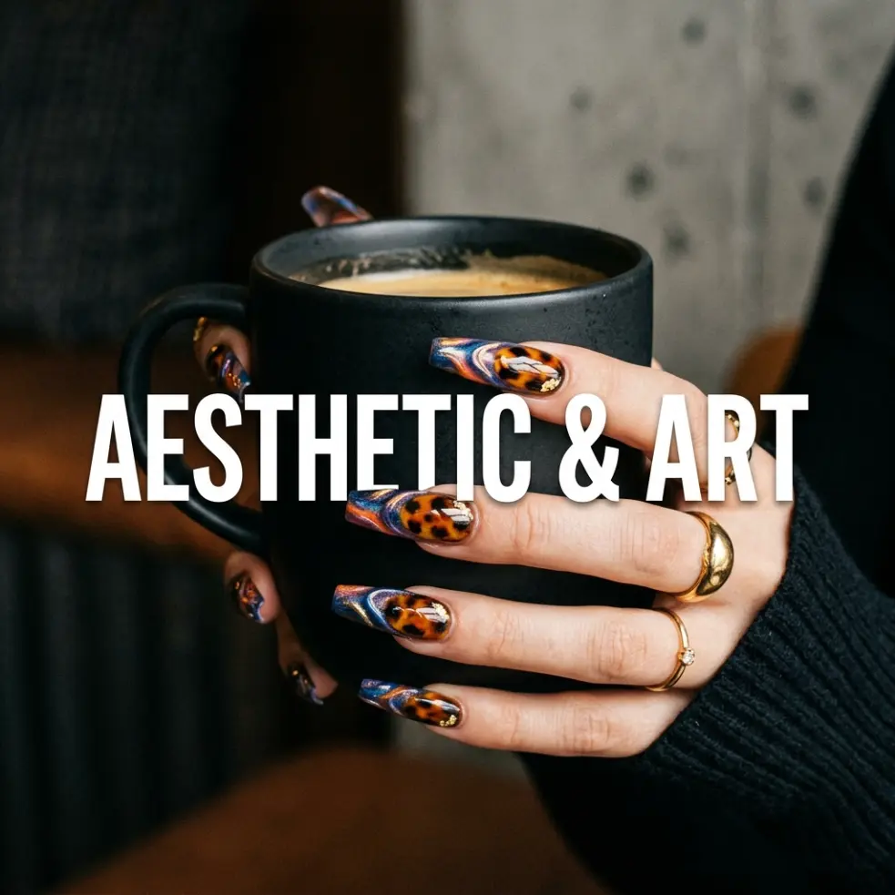 Long coffin nails with 3D aura and tortoiseshell art holding a black coffee cup.