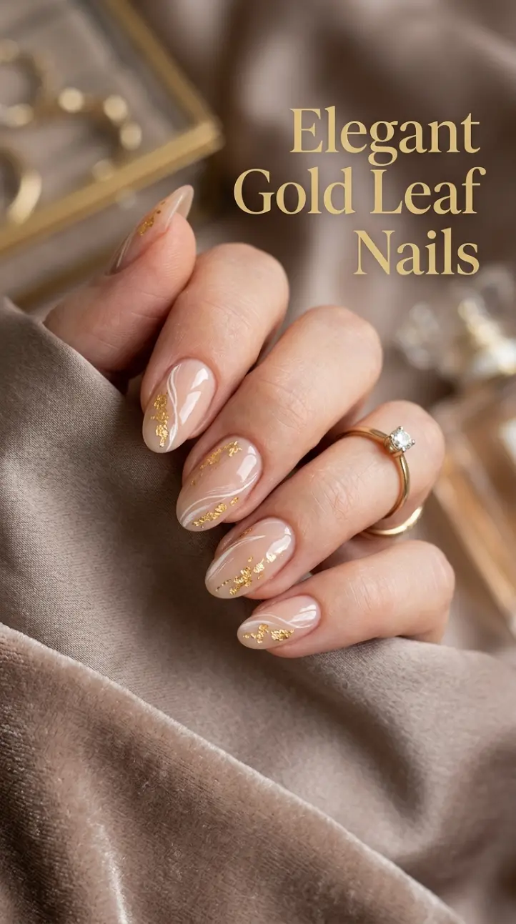 Abstract nude nail art featuring elegant gold foil flakes.