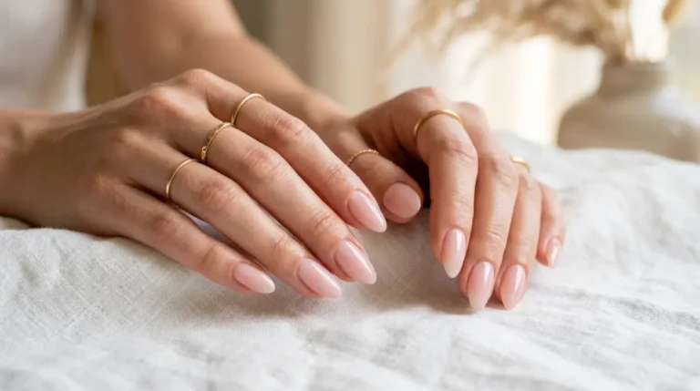 Elegant close-up of a high-gloss, sheer milky pink minimalist manicure on almond-shaped nails, representing the clean girl aesthetic.