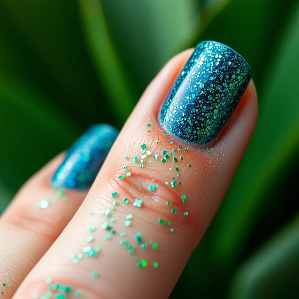 Detailed 3D imagery of Glitter with a Conscience: The Rise of Biodegradable Glitter in Beyond Chrome: Sustainable & Biodegradable Nail Art Trends for 2025