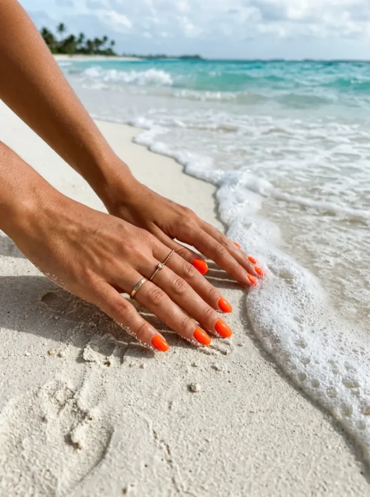 Vibrant electric orange neon summer nails on white beach sand.