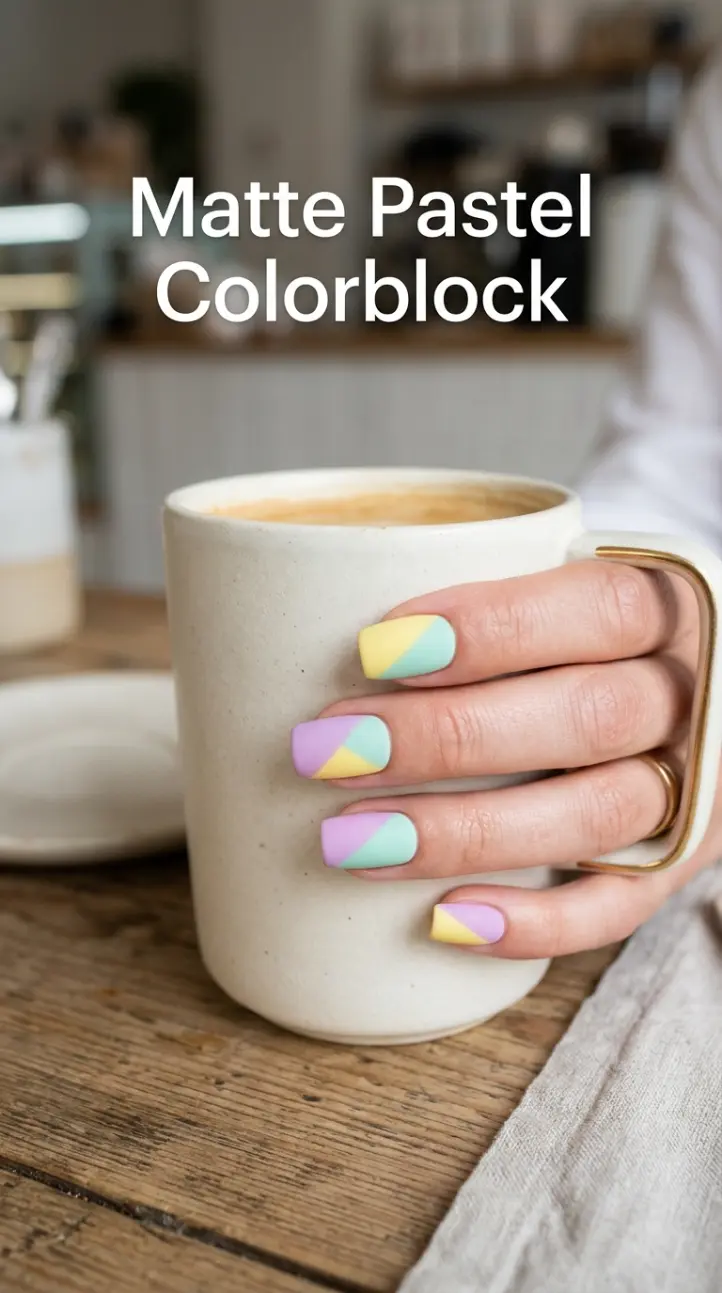 Matte pastel geometric colorblock nail art.
