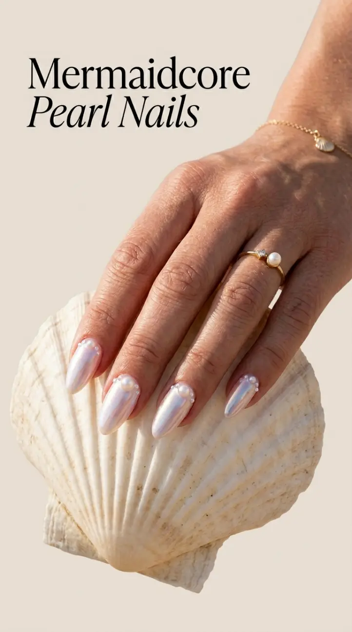 Iridescent mermaidcore chrome manicure with subtle pearl effects.