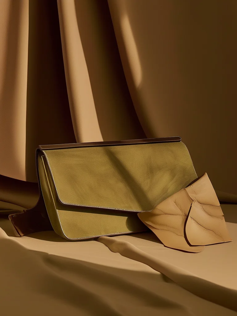 A high-fashion still life showing a light tan Mylo mushroom leather handbag and a dark forest green Piñatex pineapple leaf fiber clutch, both displaying their unique textures and luxurious finishes against a softly blurred, minimalist background.