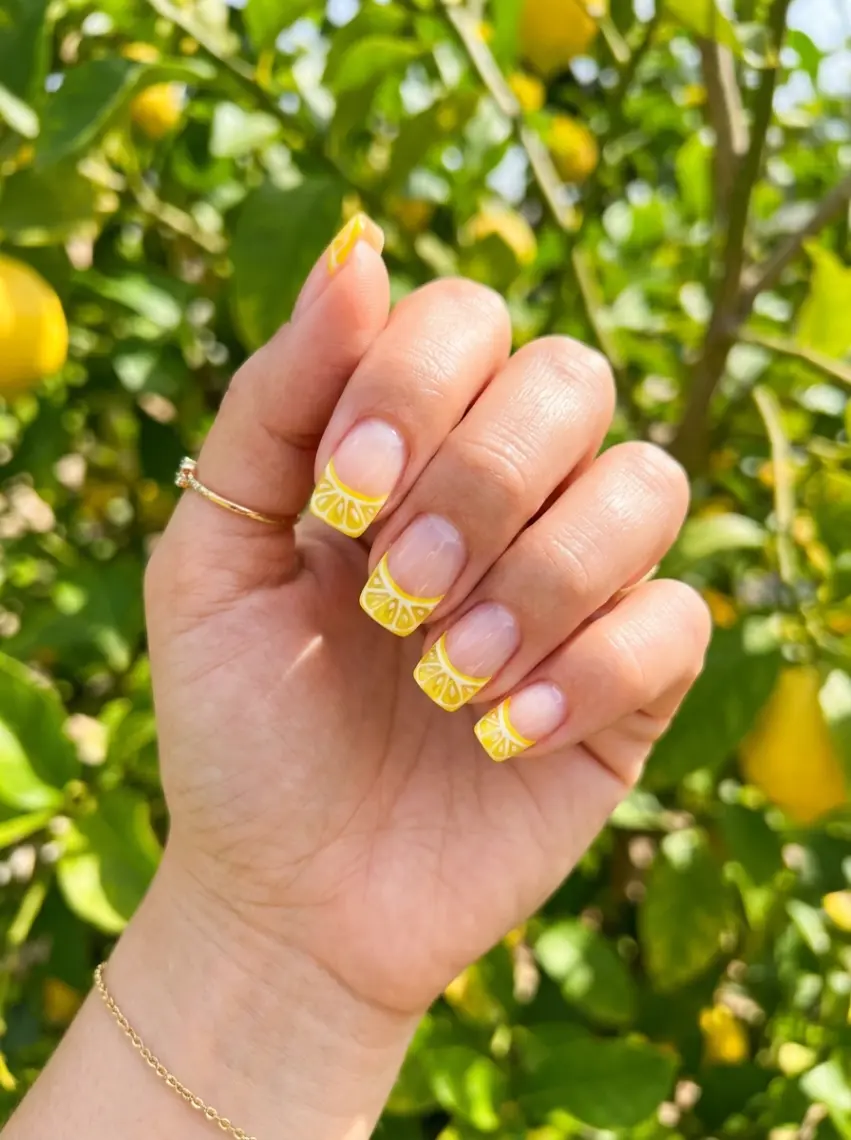 Playful lemon slice French tip nail art for summer.