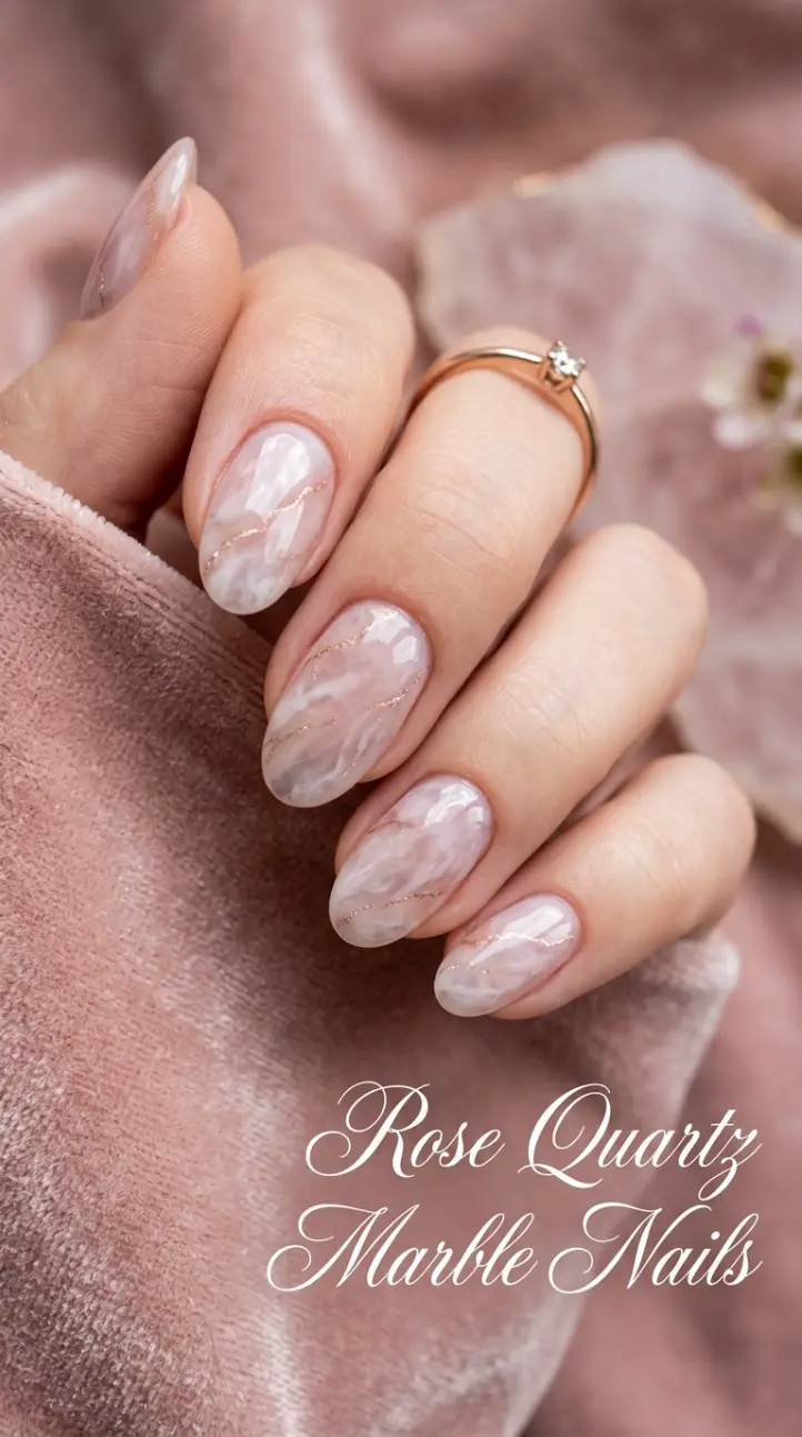 Subtle rose quartz marble effect on minimalist sheer pink nails.