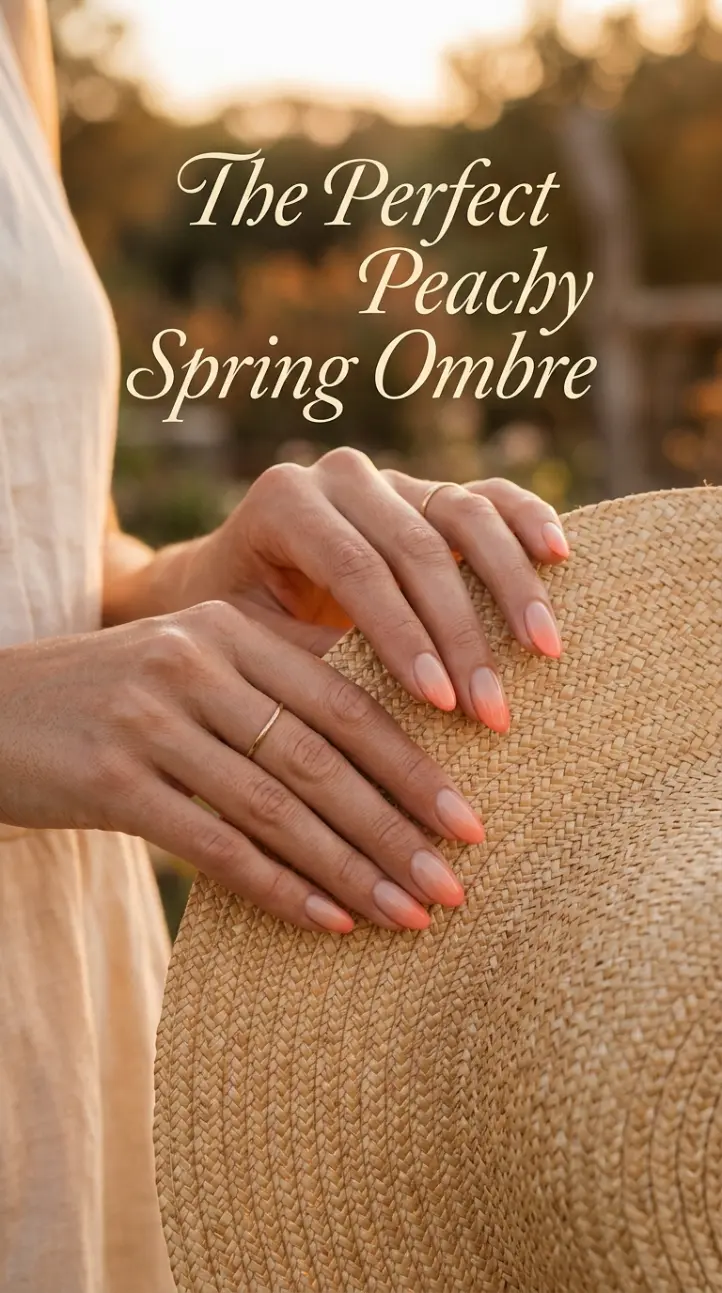 Close up of oval nails with a flawless ombre design transitioning from a natural nude base to a soft peach-coral tip.