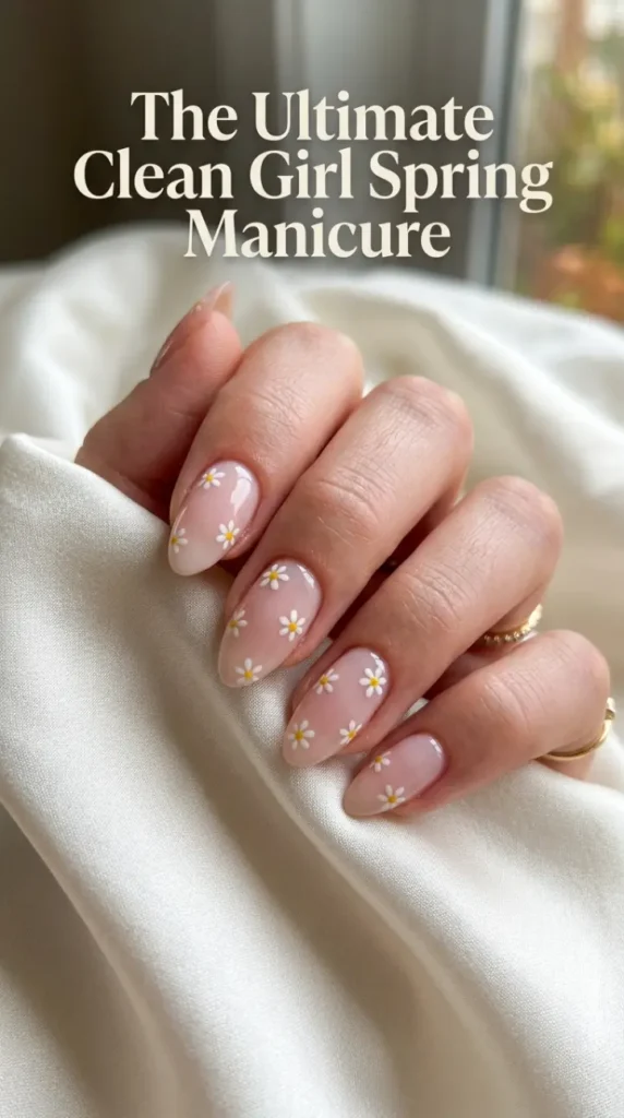 Close up of almond shape nails featuring a sheer milky pink base and hand-painted micro-daisies for a minimalist spring floral manicure.