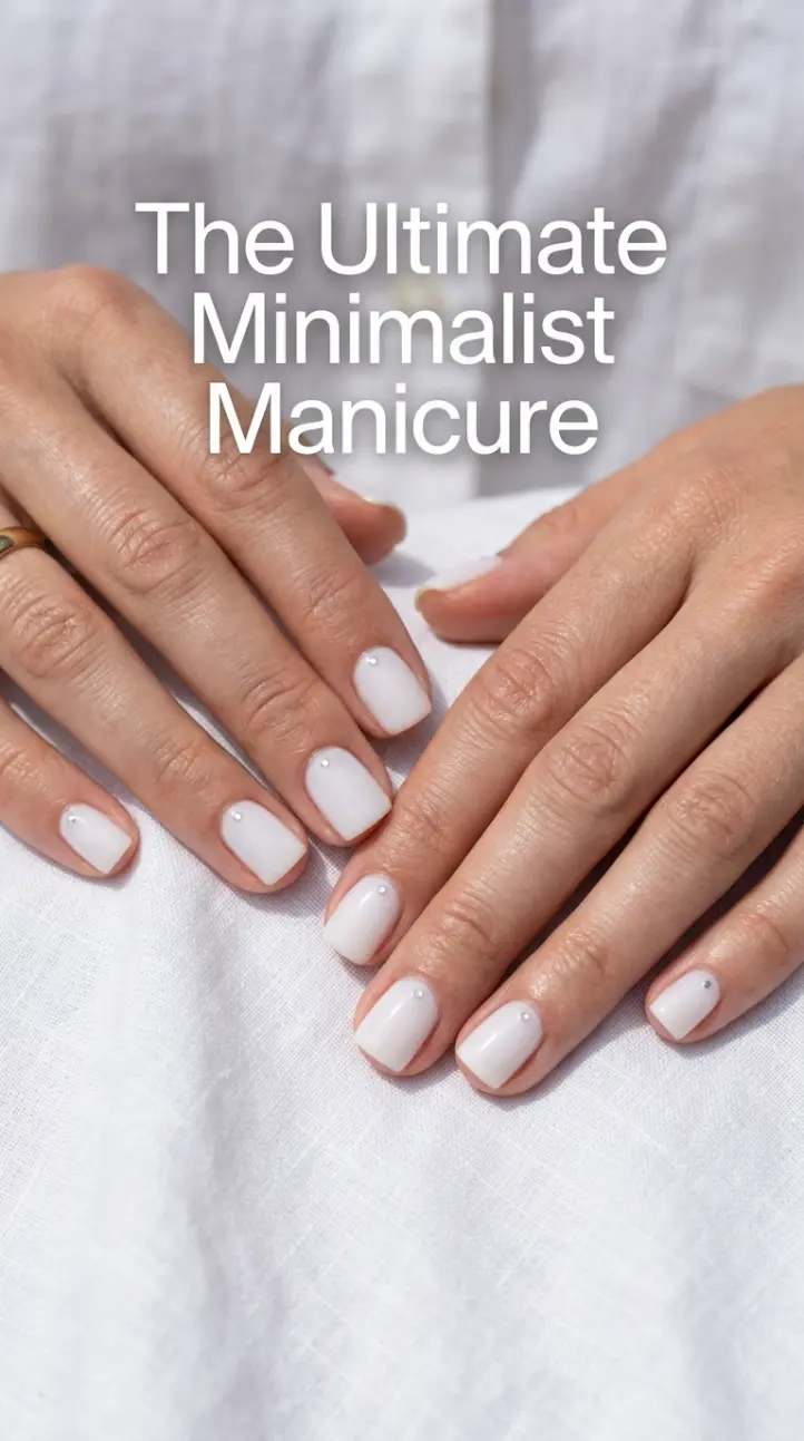 Short square nails with a sheer milky white polish and subtle silver details.