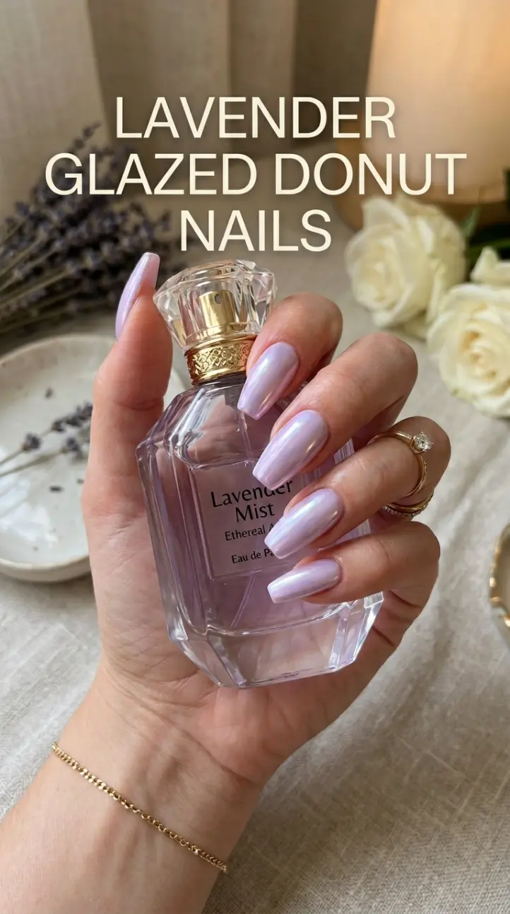 Close up of medium coffin shape nails with a pearlescent pastel lavender chrome glazed donut finish.