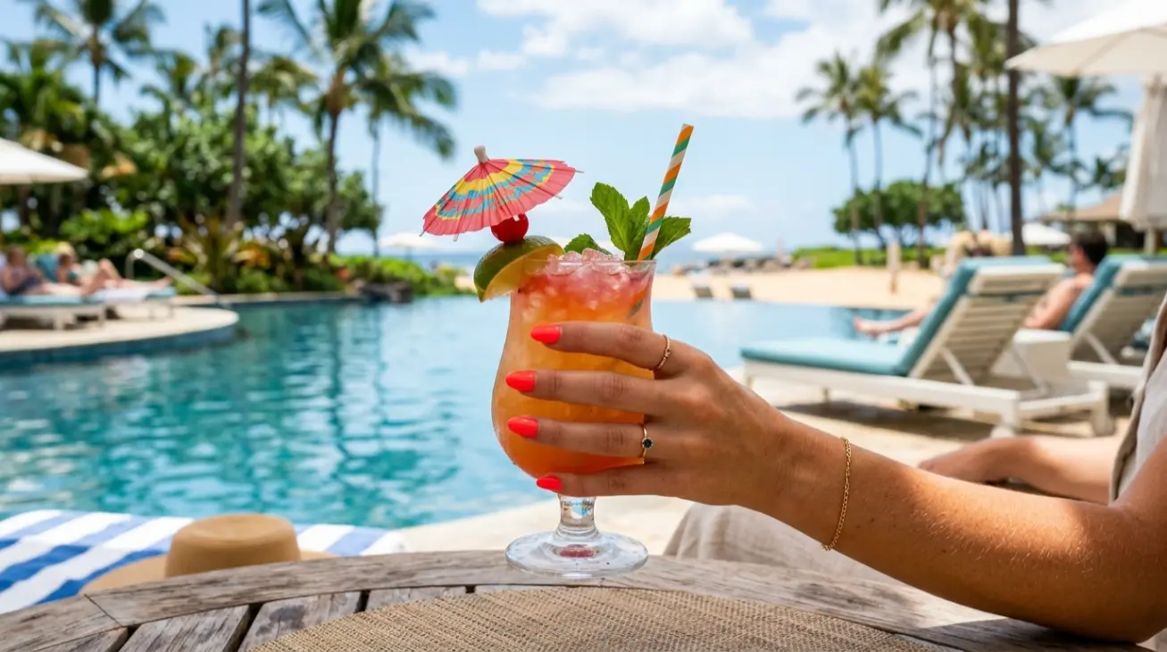 Close-up of a vibrant neon coral summer vacation manicure holding a tropical cocktail by a luxury resort pool.