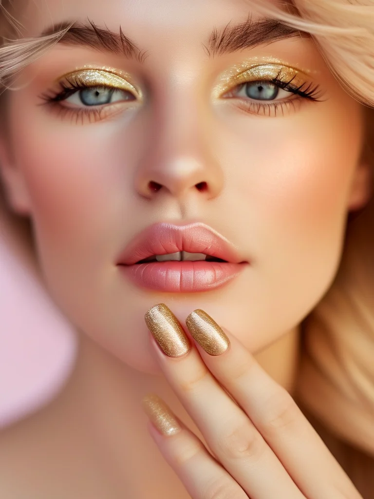 Macro view of oval nails with a gilded micro French manicure, featuring a fine gold line.