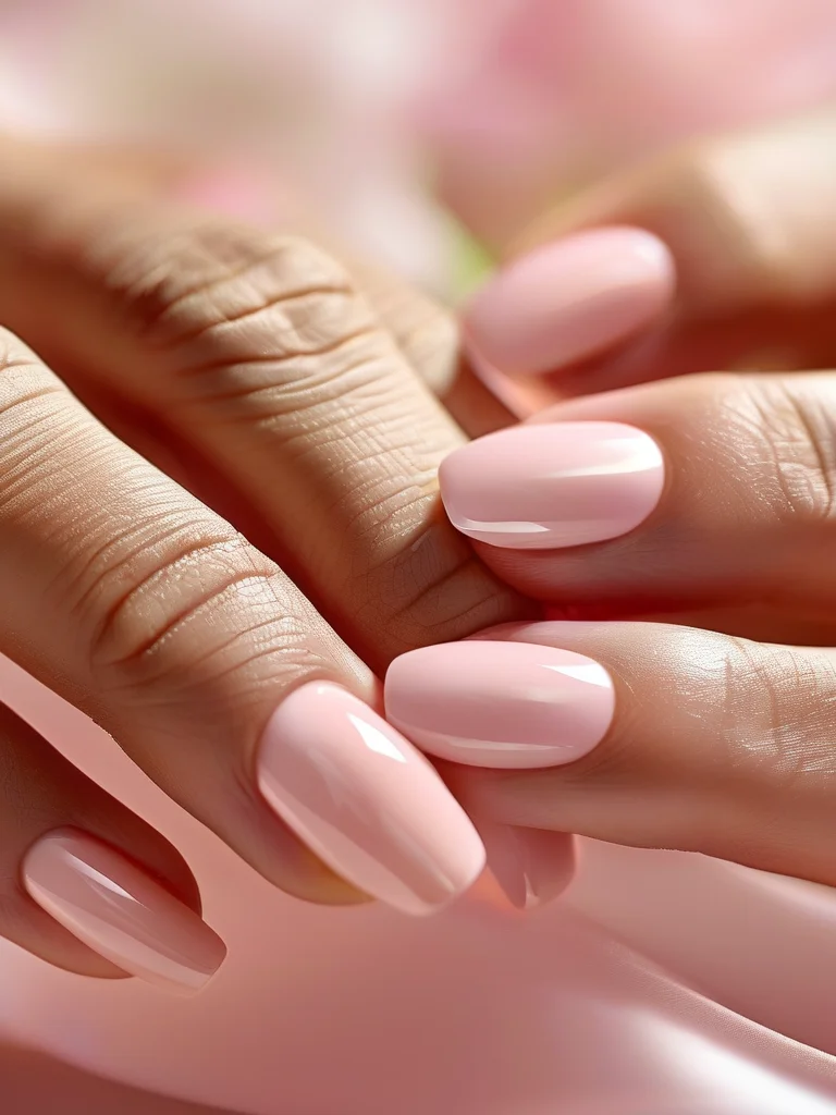 Close-up of short oval nails with a high-gloss sheer nude pink polish, natural and clean.