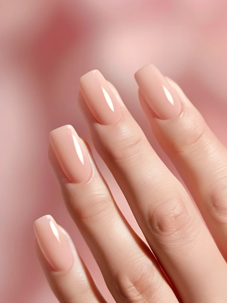 Close-up of clean girl aesthetic short square nails with sheer nude pink jelly polish