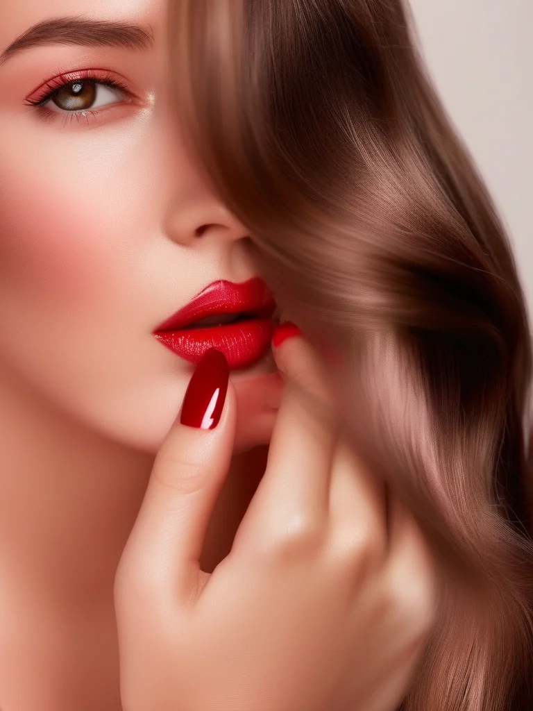 Glossy scarlet red oval nails, classic and elegant.