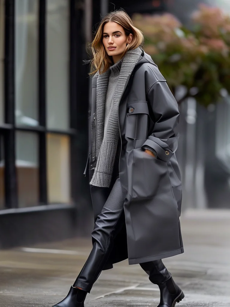 Woman in grey waterproof jacket, sweater, and black trousers, a chic foggy morning San Francisco outfit