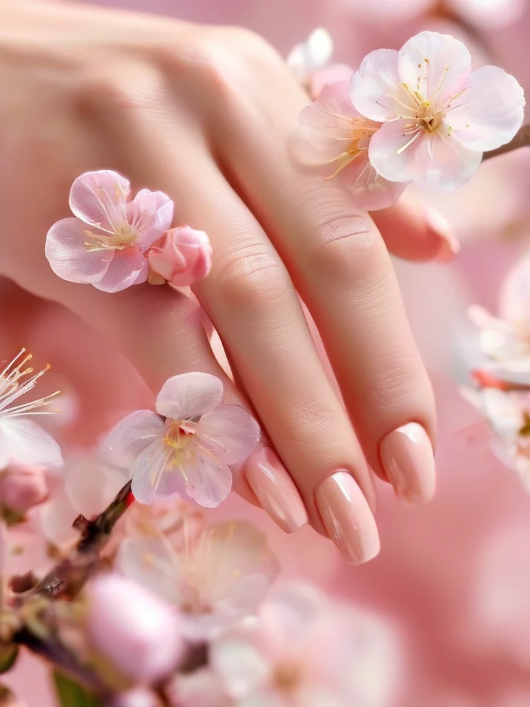 Almond nails with encapsulated real sakura petals in clear gel.
