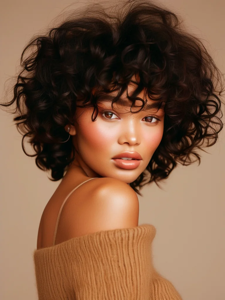 Woman with shiny, hydrated, dark brown wash and go ringlets perfectly defined and bouncy.