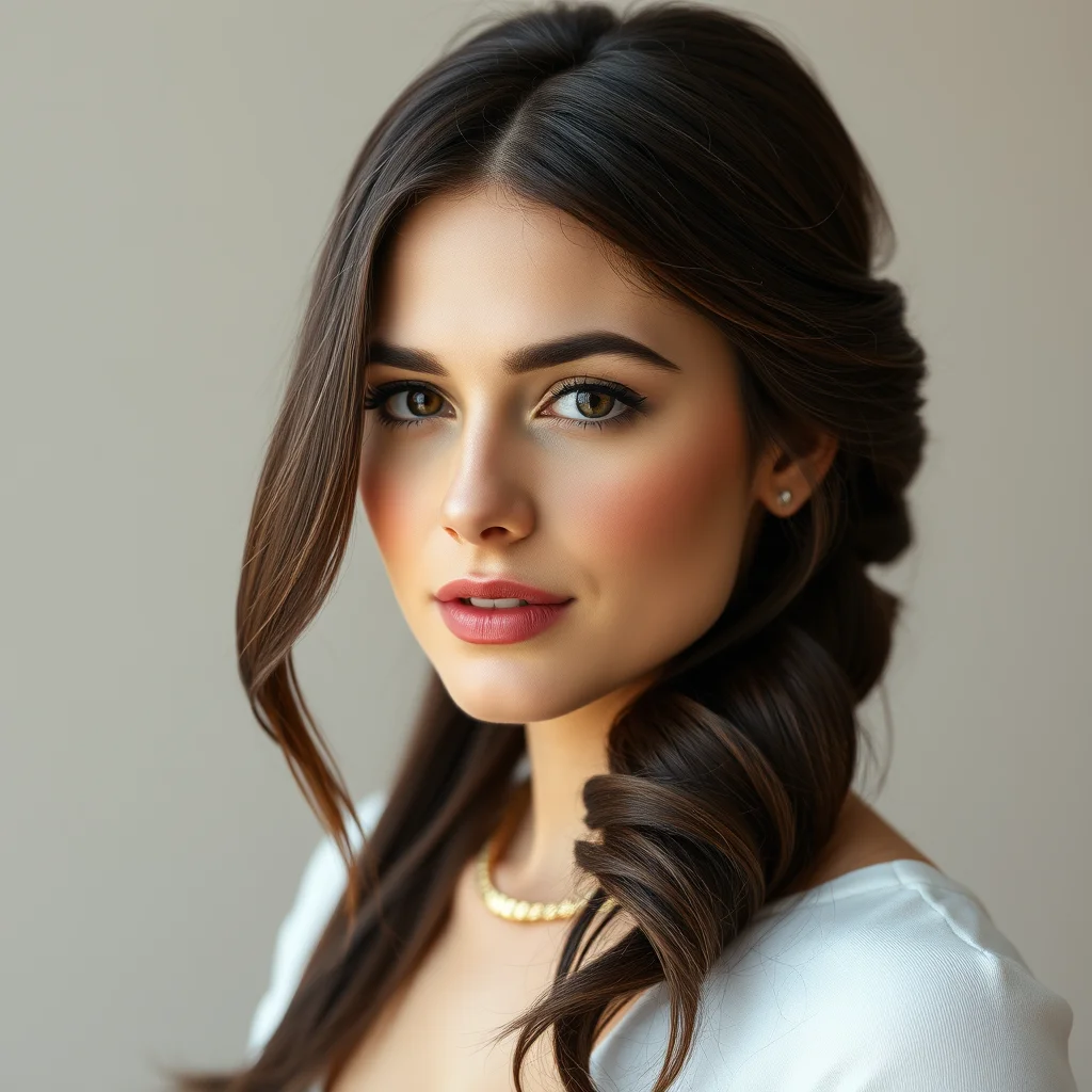 Woman with a sleek, low classic chignon updo, showcasing an elegant and refined hairstyle.