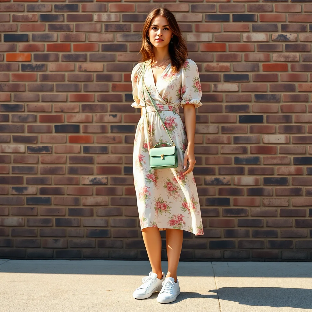 Woman in floral midi dress and white sneakers for a spring bar outfit