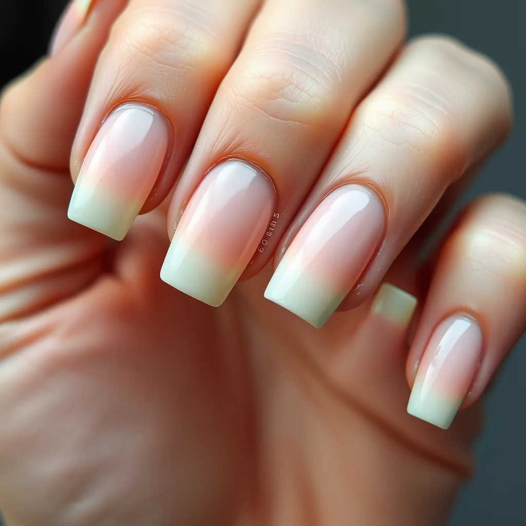 Square nails with glossy pastel mint to peach ombré for spring.