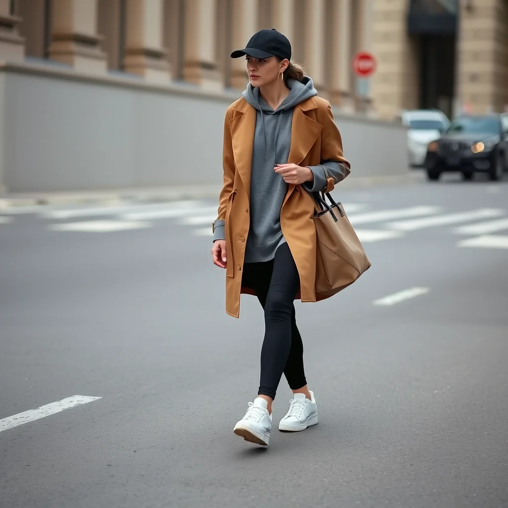 Woman in high-waisted perfect leggings, grey hoodie, trench coat, and chunky sneakers.