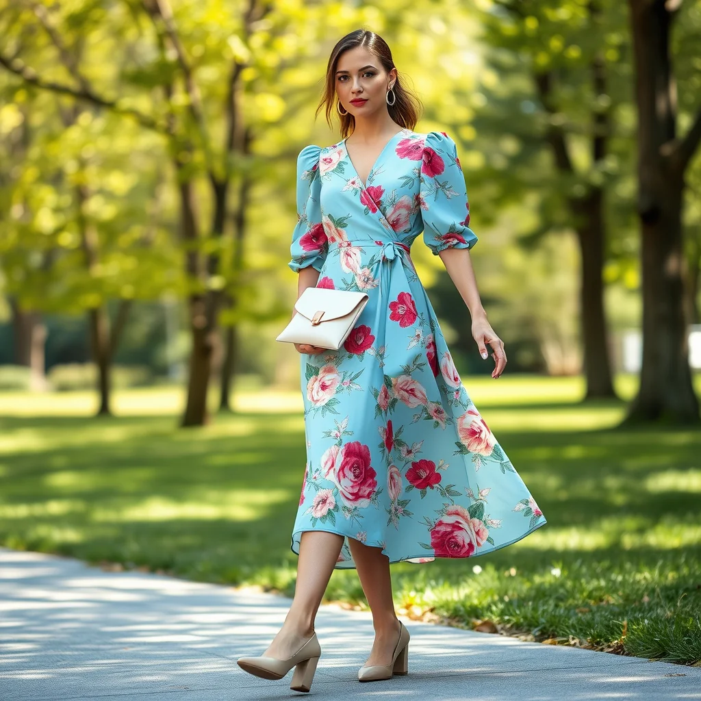 Woman in a vibrant floral midi dress, perfect for Easter brunch
