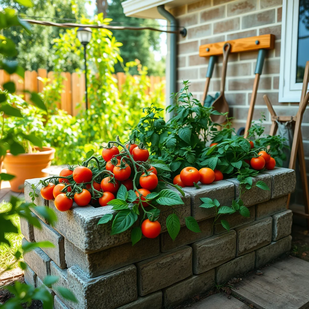 A quintessential backyard garden scene with a robust stacked concrete block raised bed brimming with fresh produce, bathed in warm, natural sunlight.