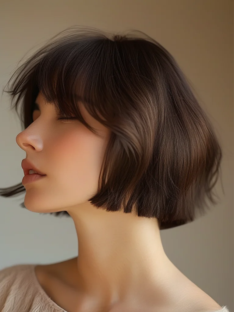 A woman's dark brown shaggy bob featuring blunt, choppy ends and feathered layers, captured in natural daylight that highlights its texture.