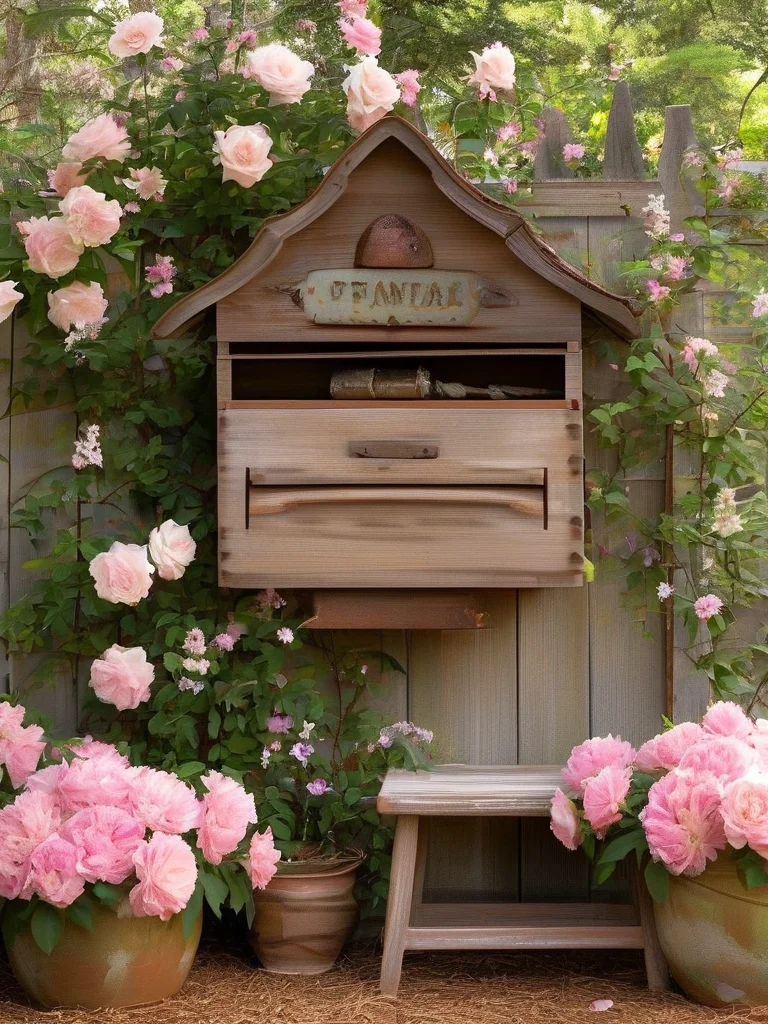 A cozy cottage-style garden around a mailbox post, featuring climbing roses, overflowing terracotta pots of pink and white flowers, and a rustic wooden bench, all bathed in dappled sunlight.