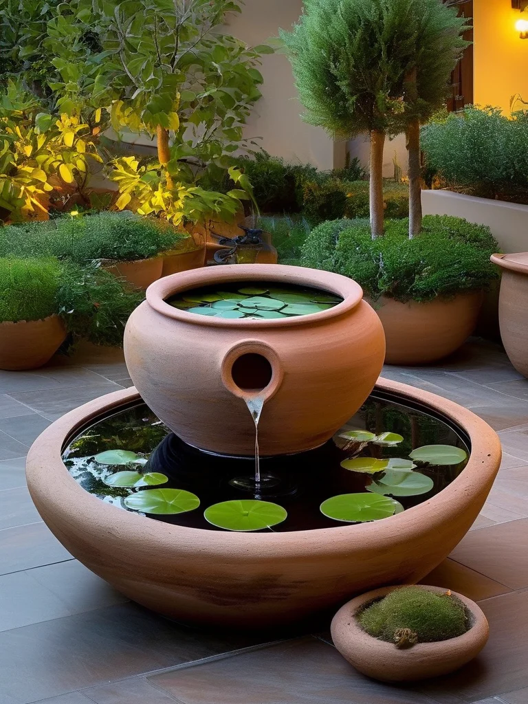 A charming patio setting with a large terracotta pot serving as a miniature DIY pond, complete with lily pads and subtle water movement.