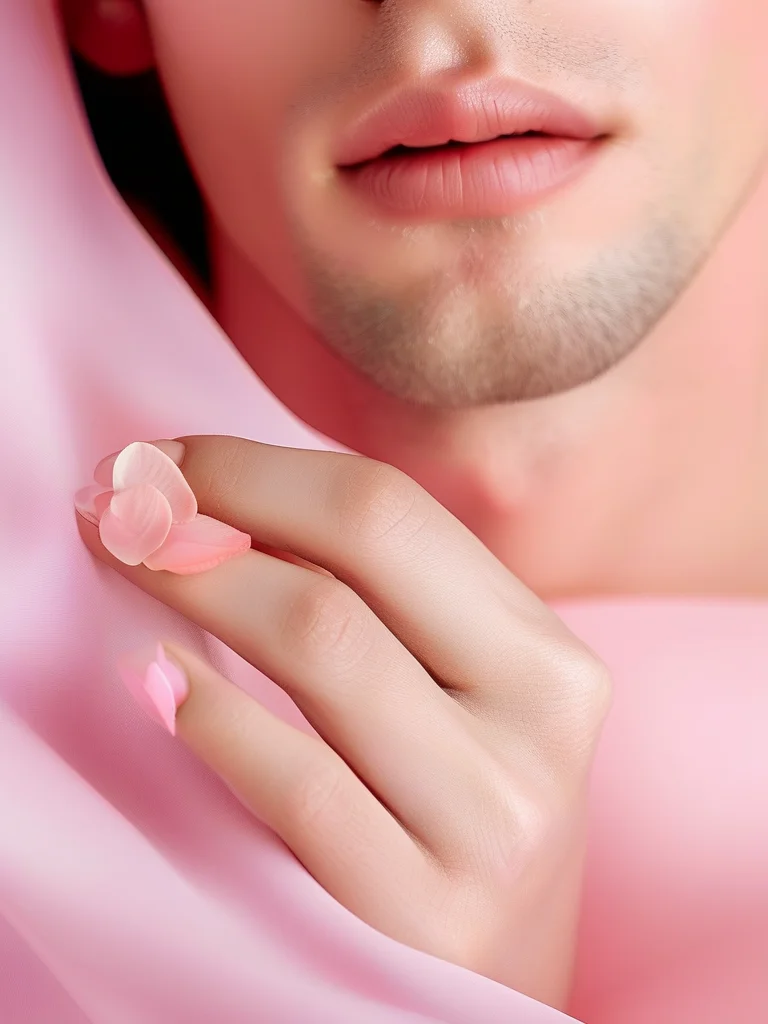 Extreme close-up of a woman's finger with a soft lavender pastel nail and a delicate blush pink petal design.