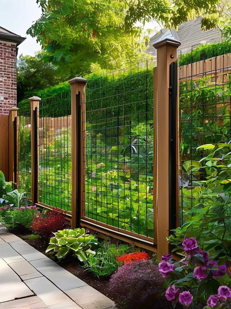 A backyard garden showcasing a traditional deer proof fence made of green wire mesh and wooden posts, effectively protecting a lush vegetable patch and vibrant flower beds from wildlife.