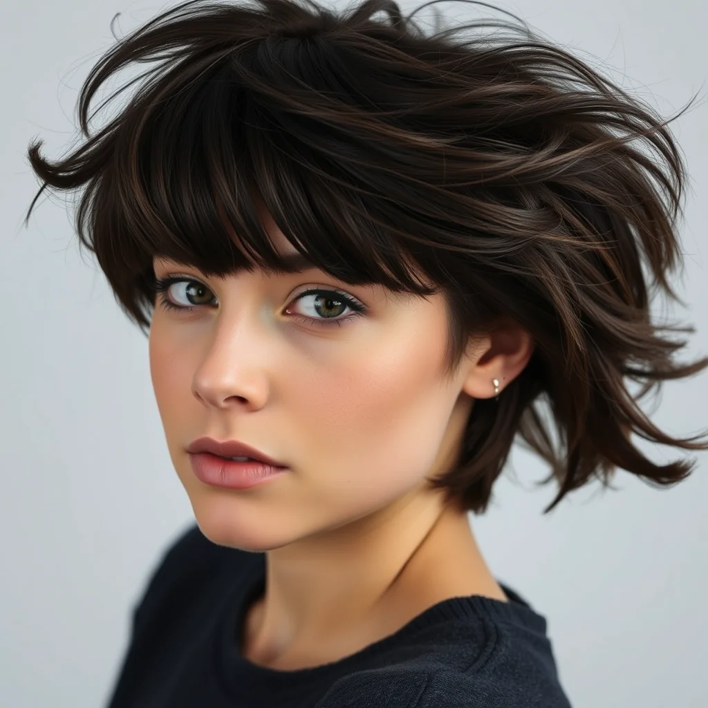 A young woman with a voluminous, medium-length dark brown wolf cut. The hair features prominent choppy layers and long, curtain bangs that frame her face, styled with dynamic movement and natural texture under soft studio lighting.
