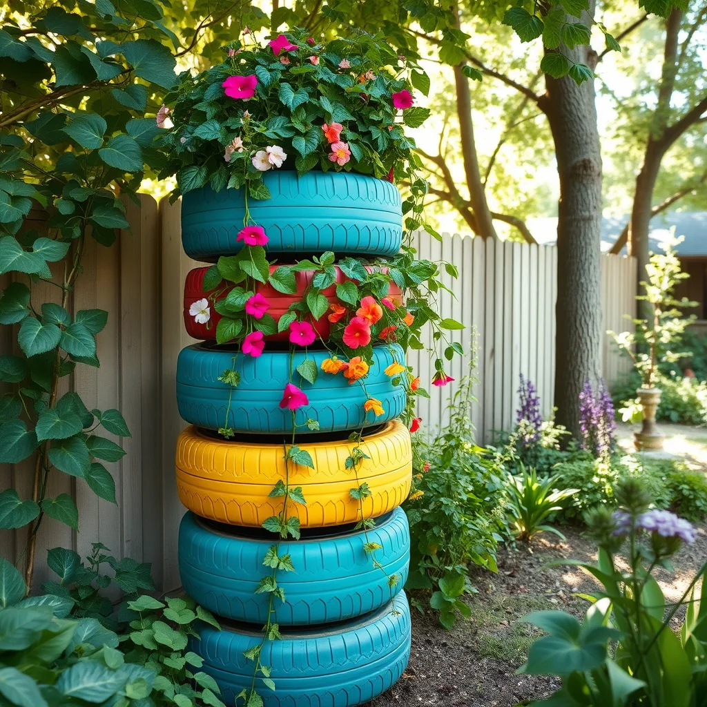 A colorful vertical garden tower constructed from stacked, painted tires overflowing with bright flowers and trailing greenery, set in a sunlit backyard garden.