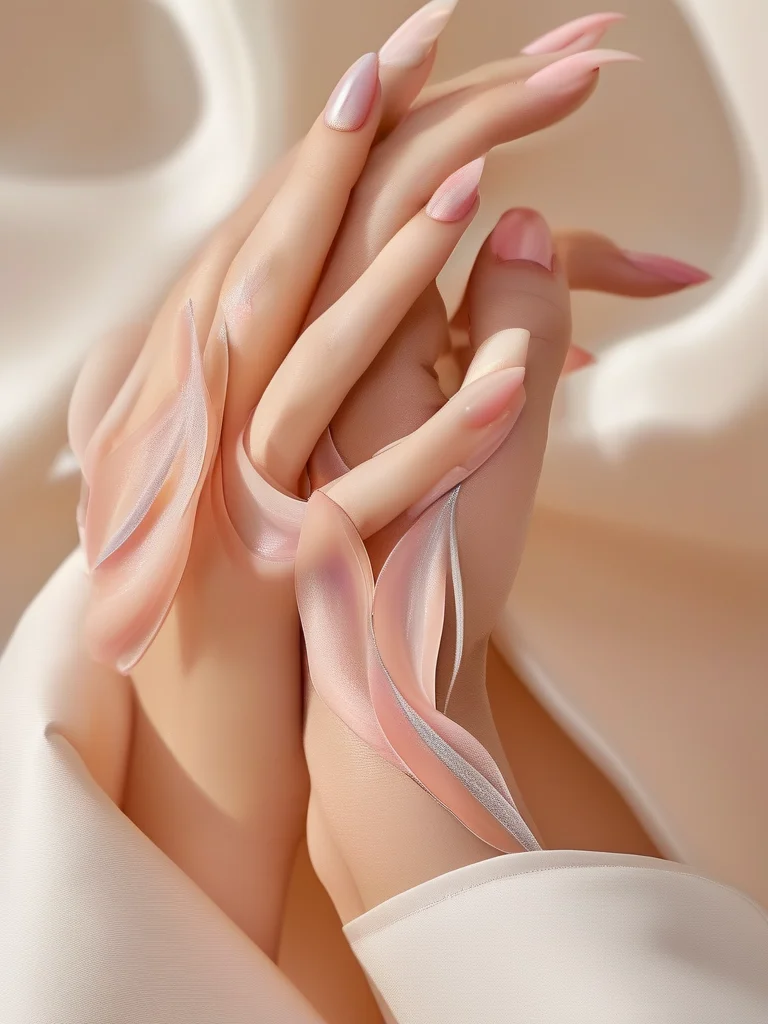 Stiletto nails featuring intricate pearlescent white and pale pink swirling designs mimicking conch shells. Iridescent glitter adds a subtle shimmer to the glossy manicure.