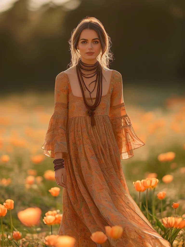 A woman showcases a bohemian floral maxi dress and leather sandals, embodying a relaxed and stylish tulip farm outfit amidst vibrant orange and yellow tulips.