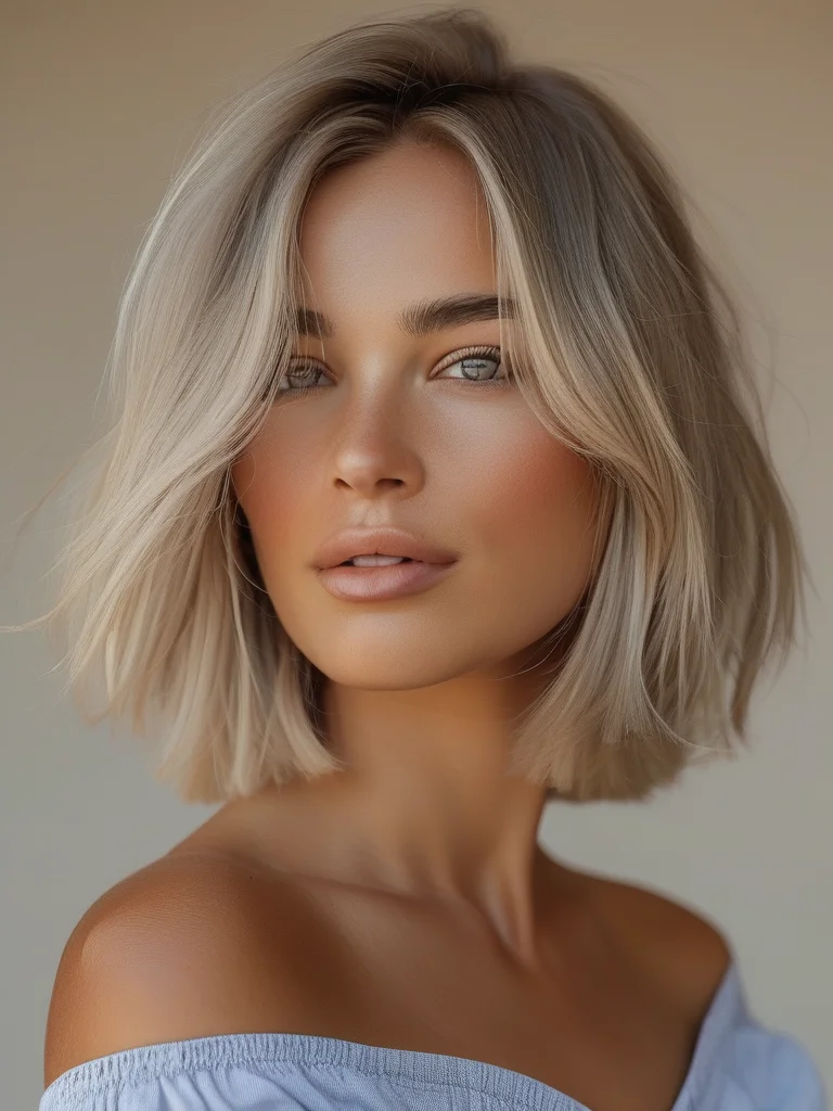 A woman showcasing a classic shaggy bob haircut in ash blonde, with textured layers and a slightly tousled appearance.