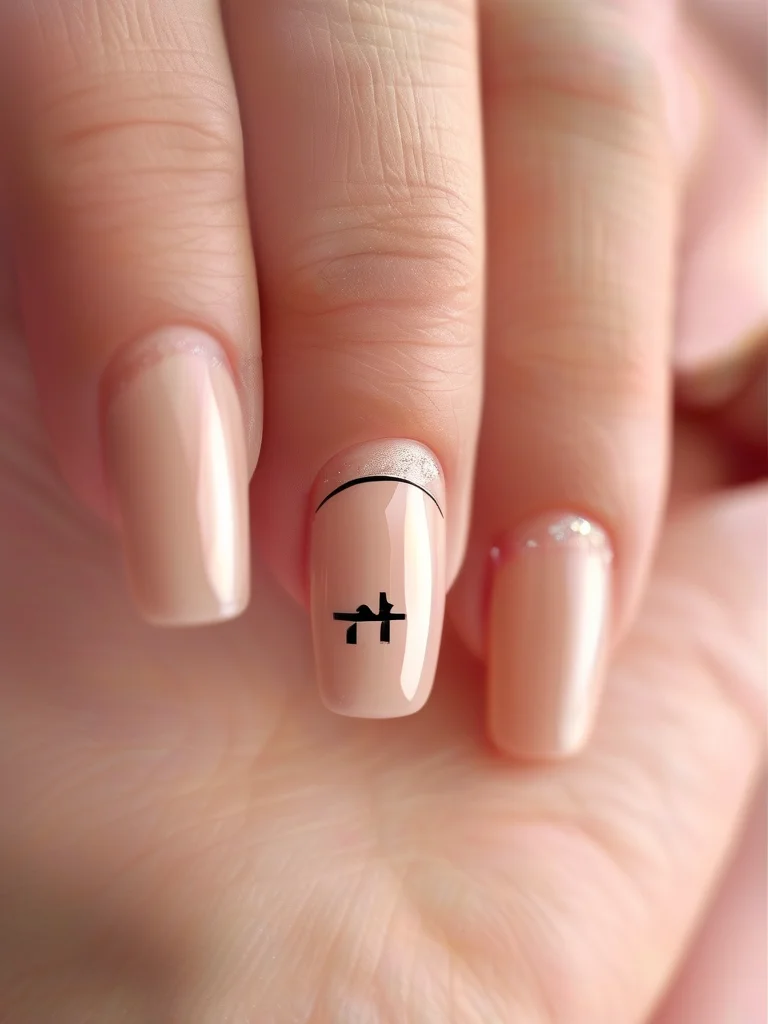 15+ Chic Back to School Nail Art Ideas for a Stylish Return 2 Close-up of short, square nails with a matte nude finish, featuring a tiny black mathematical pi symbol on the ring finger, embodying minimalist academic chic.