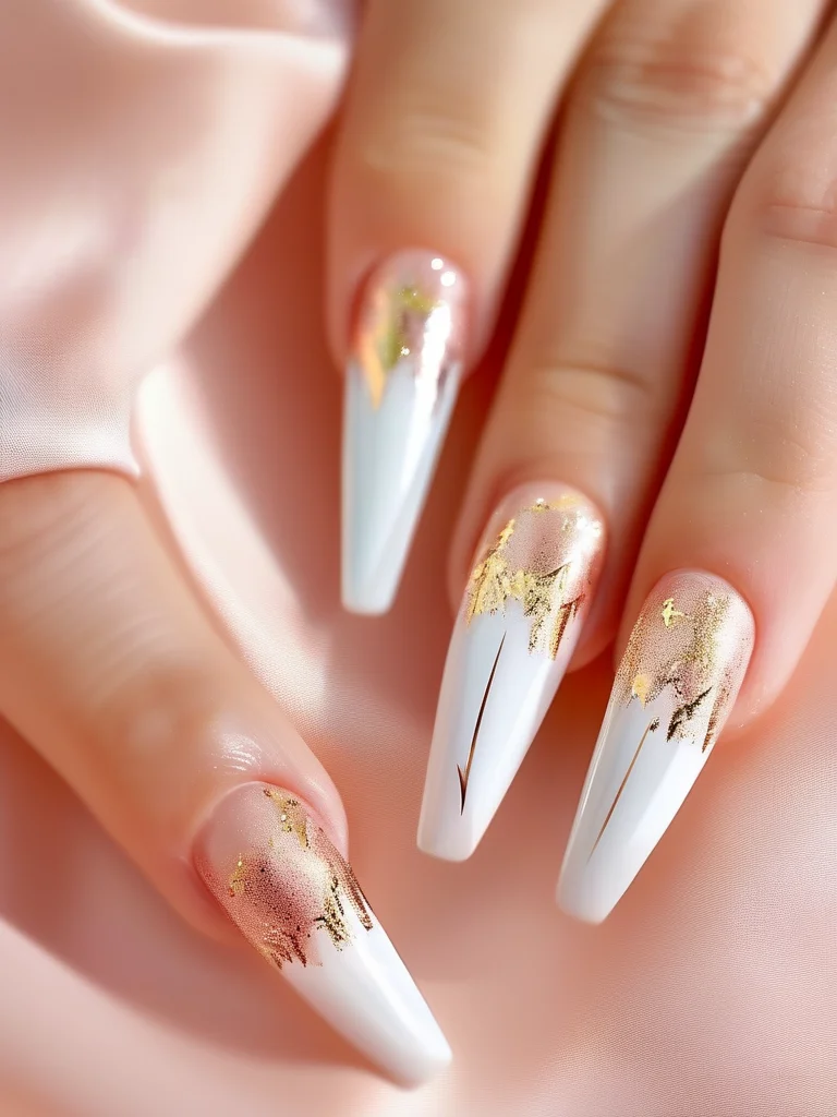 25+ Enchanting Korean Nail Art Ideas to Elevate Your Manicure Game 2 Stiletto nails with a sheer milky white polish are beautifully decorated with scattered gold foil flakes and minimalist gold line accents at the cuticle. The nails exhibit a high-gloss finish, reflecting soft light.