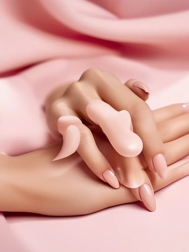 Almond-shaped nails with a glossy sheer pink base and a perfectly defined white French tip, showcasing a smooth, elegant manicure.