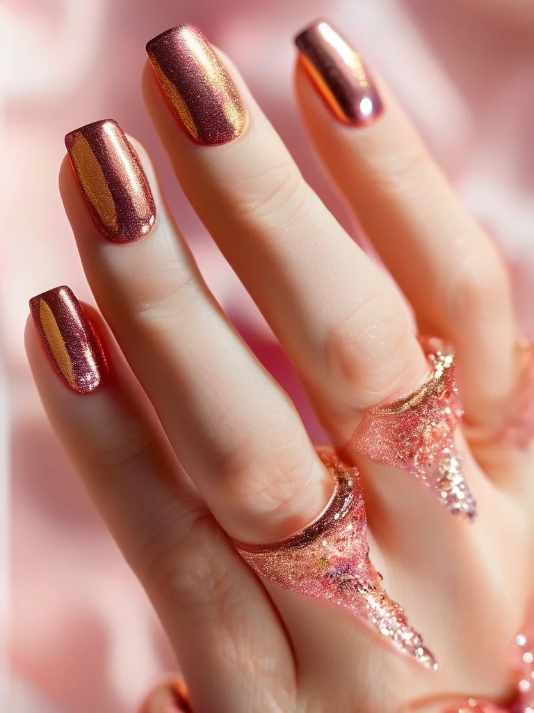 A woman's stiletto nails showcasing a luxurious glossy champagne gold to rose gold ombré design, subtly infused with fine glitter resembling sparkling champagne bubbles. The gradient is smooth and sophisticated, perfect for a celebratory look.