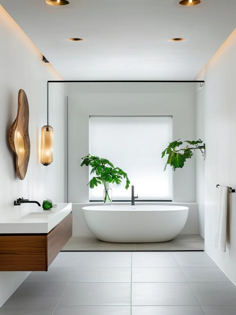 A bright, minimalist small bathroom featuring a substantial frameless mirror extending almost wall-to-wall above a sleek floating white vanity, amplifying the sense of space and light. Recessed ceiling lights and a subtle wall sconce illuminate the crisp white walls and large light grey floor tiles, with a small potted plant adding a touch of green.