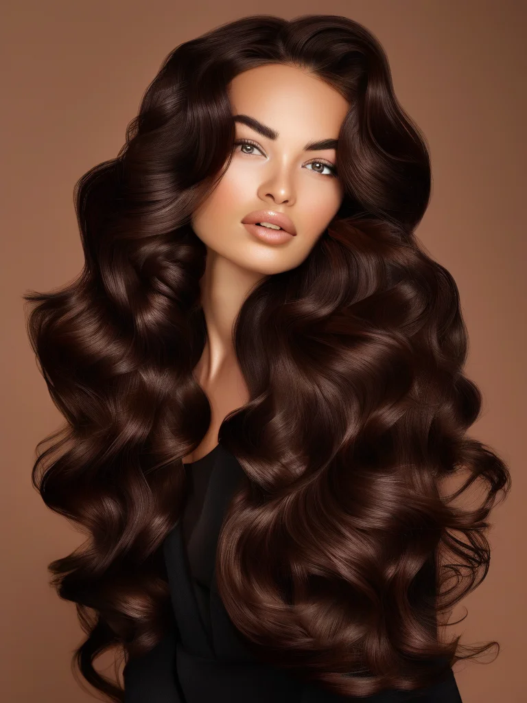 21 Irresistible Chocolate Brown Hair Colors & Styles for a Rich Look 2 A woman with long, thick, dark mocha chocolate brown hair styled in voluminous, glossy waves, showcasing its deep, rich color and healthy shine that catches the light beautifully.