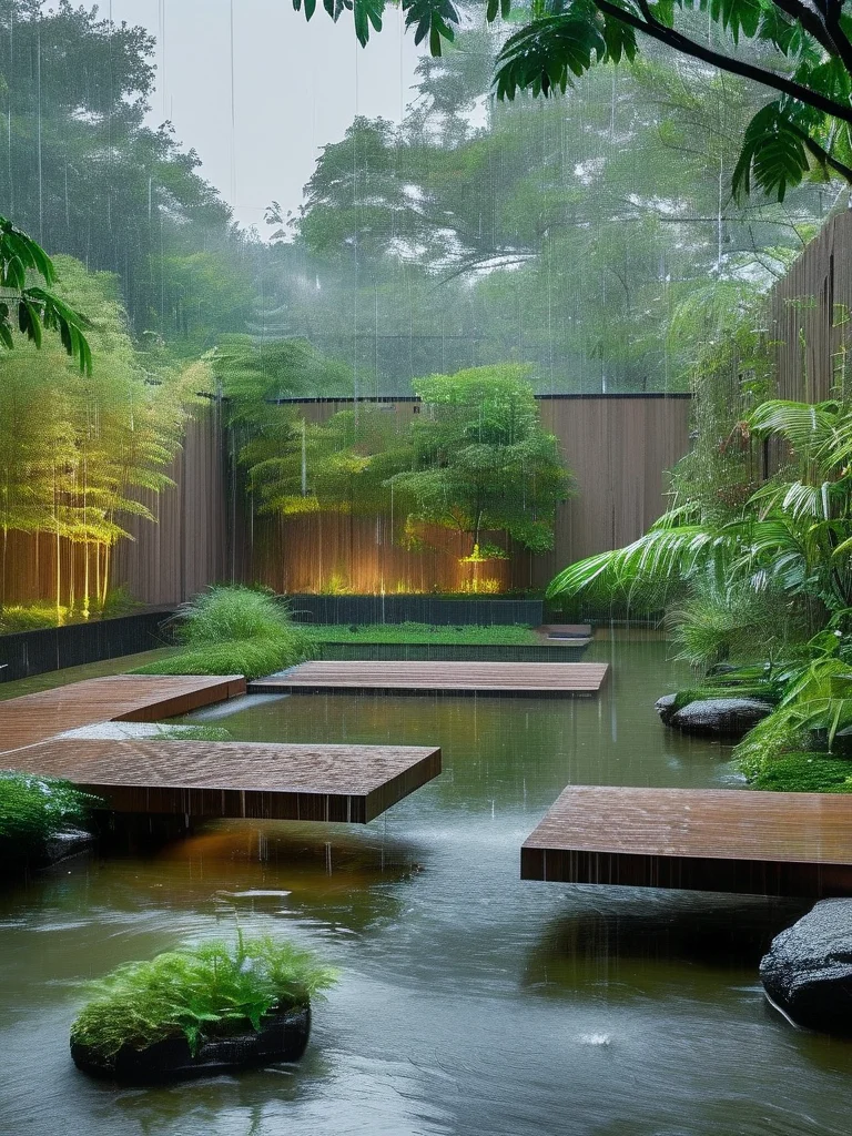 15+ Genius Drainage Ideas to Transform Your Home & Garden 2 A tranquil rain garden in a minimalist backyard, featuring a collection of native plants, smooth river stones, and a sloping basin designed for water collection. A simple wooden bridge spans a section, connecting to a modern outdoor seating area, all bathed in natural daylight with a soothing green and earth-toned palette.