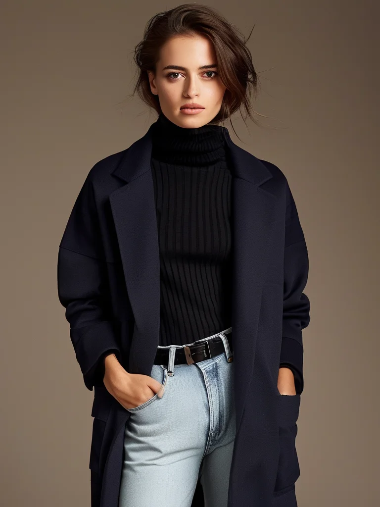A young woman walks confidently down a city street, dressed in a chic, oversized navy blue blazer layered over a sleek black turtleneck. She pairs this with classic light-wash straight-leg jeans and sturdy black ankle boots, presenting a sophisticated yet comfortable urban ensemble. The background is softly blurred with urban elements.